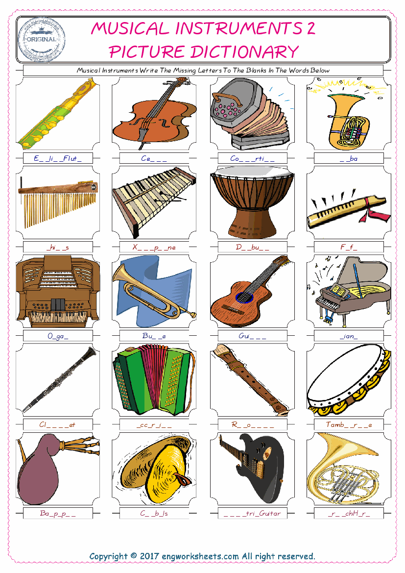 Musical Instruments Words English worksheets For kids, the ESL Worksheet for finding and typing the missing letters of Musical Instruments Words 